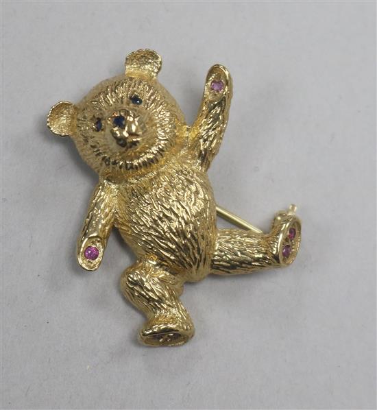 A 9ct gold and gem set teddy bear brooch, 31mm.